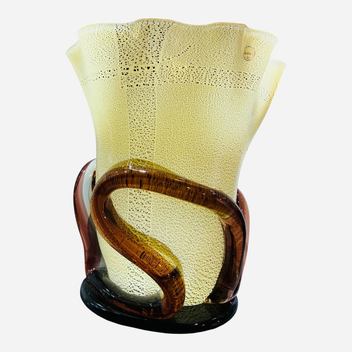 Vaso giallo paglierino con decoro ambra attribuito a Seguso
