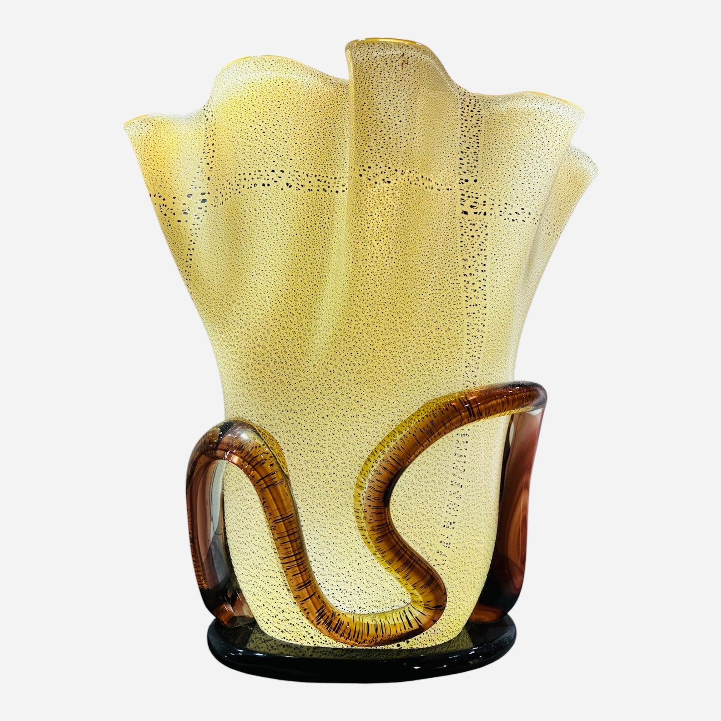 Vaso giallo paglierino con decoro ambra attribuito a Seguso