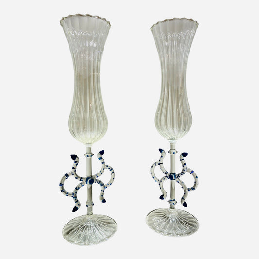 Coppia di calici in vetro di Murano soffiato con decoro blu anni ‘50