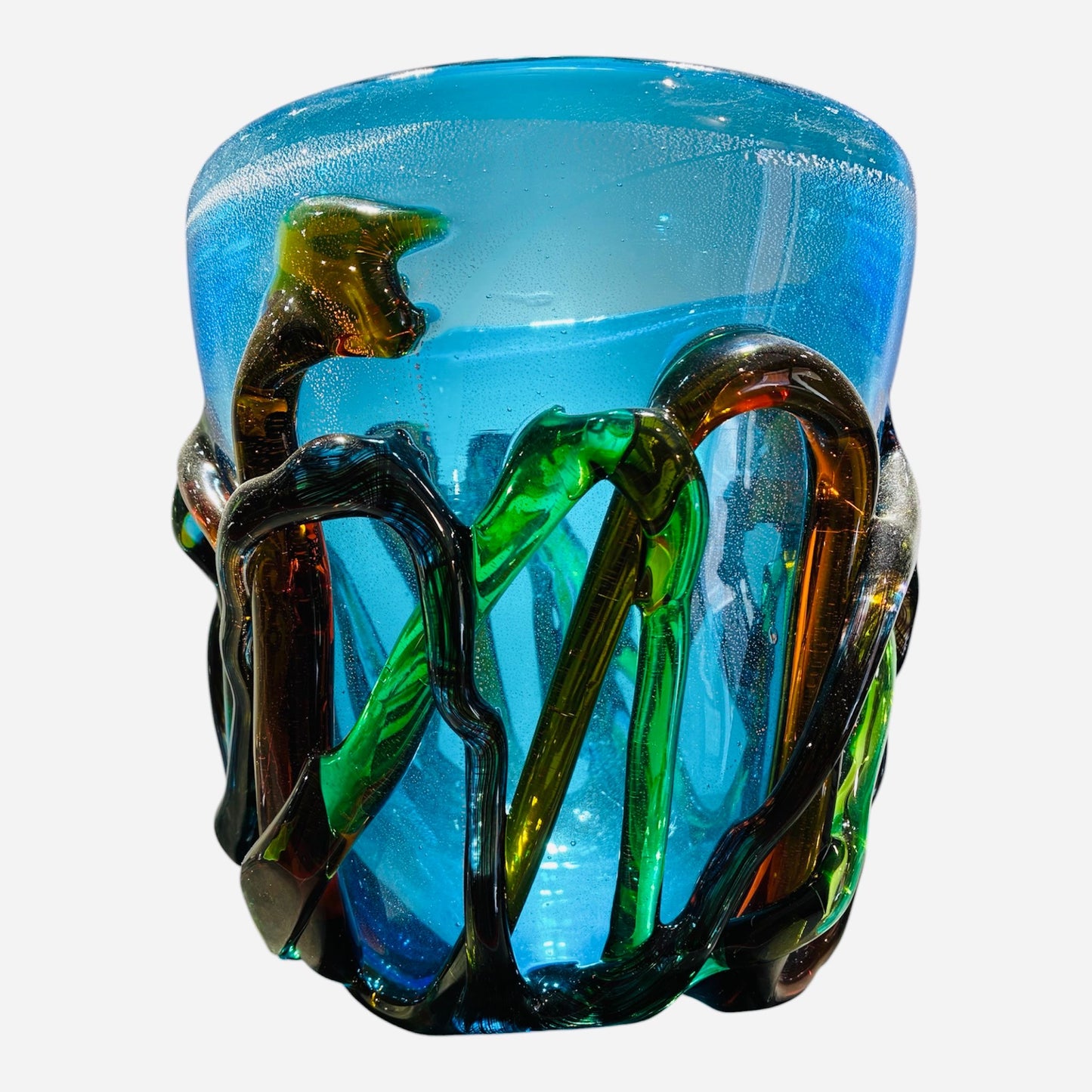 Vaso in vetro di Murano color acquamarina con decori