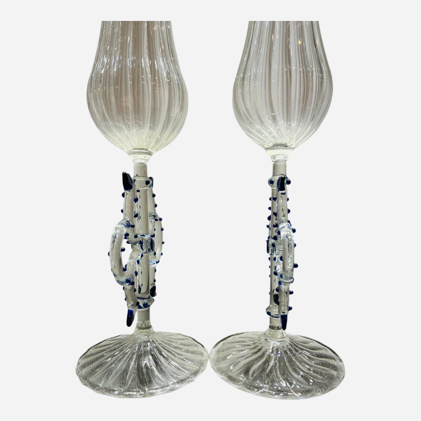 Coppia di calici in vetro di Murano soffiato con decoro blu anni ‘50