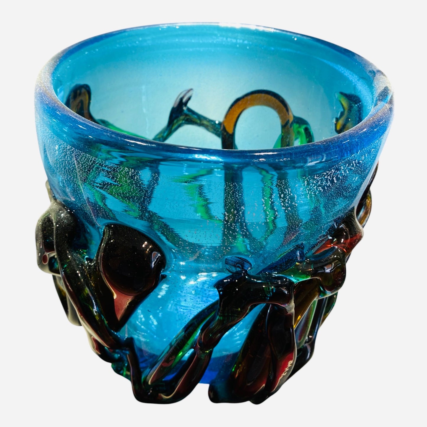 Vaso in vetro di Murano color acquamarina con decori