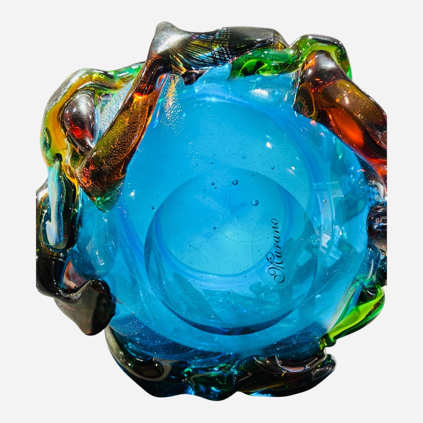 Vaso in vetro di Murano color acquamarina con decori