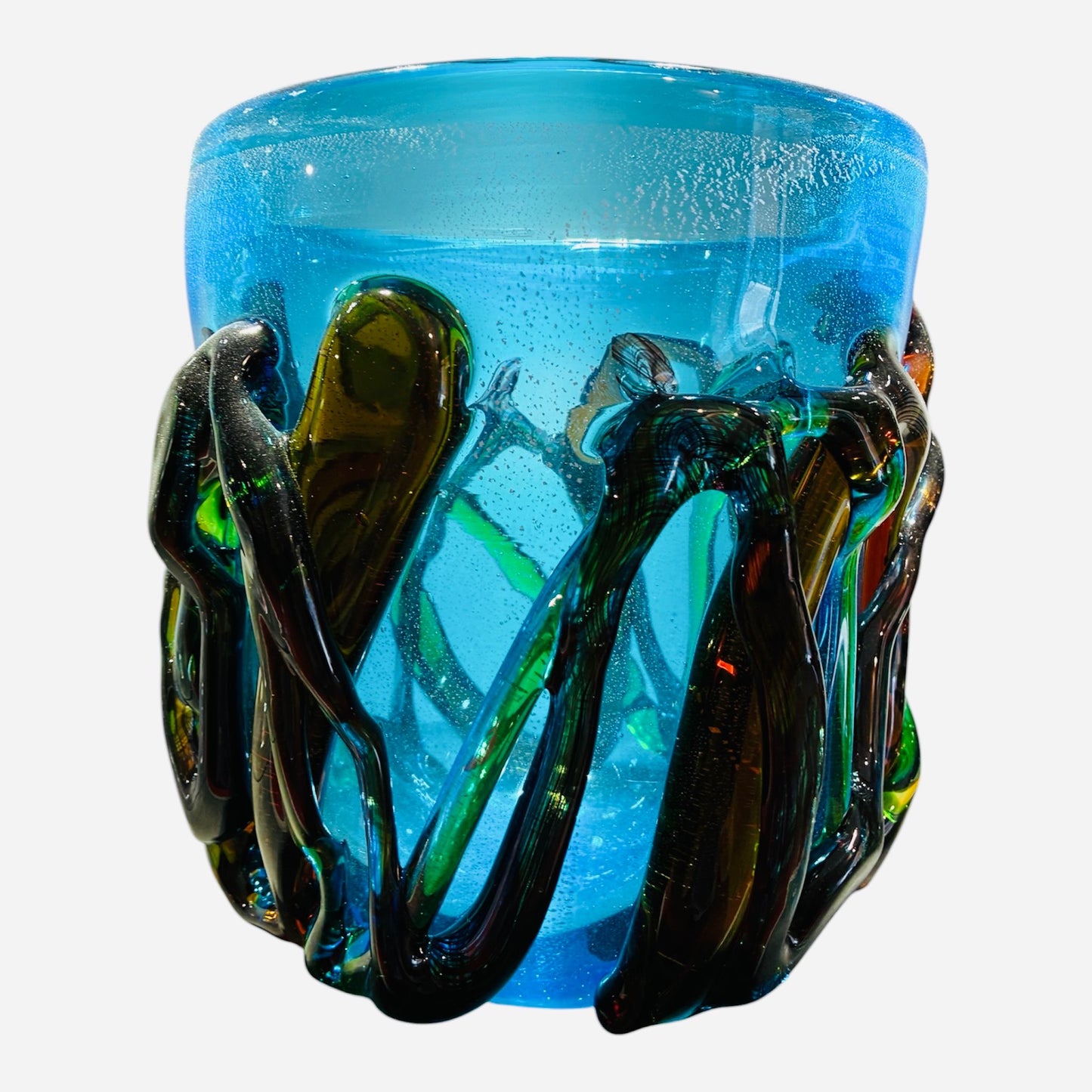 Vaso in vetro di Murano color acquamarina con decori