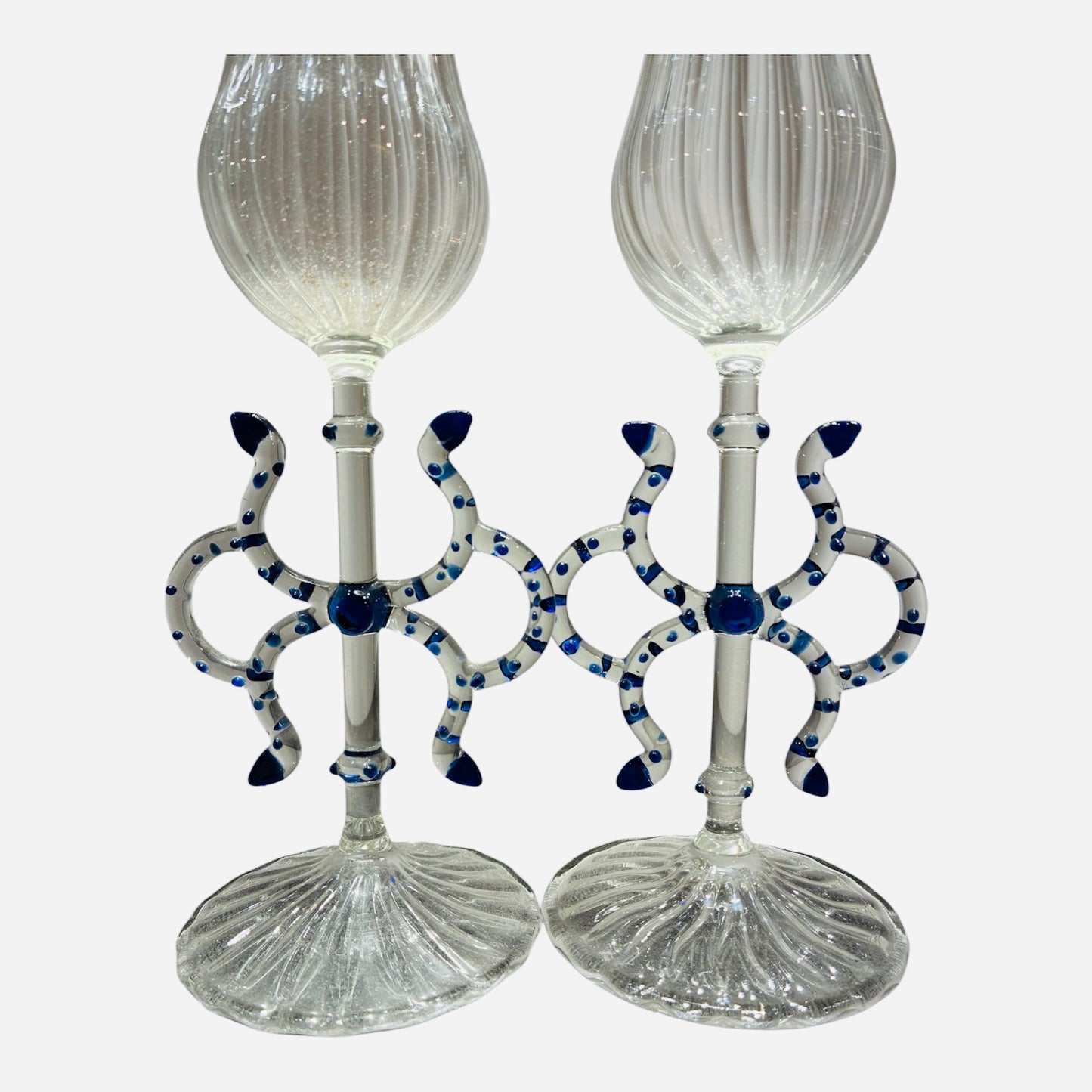 Coppia di calici in vetro di Murano soffiato con decoro blu anni ‘50